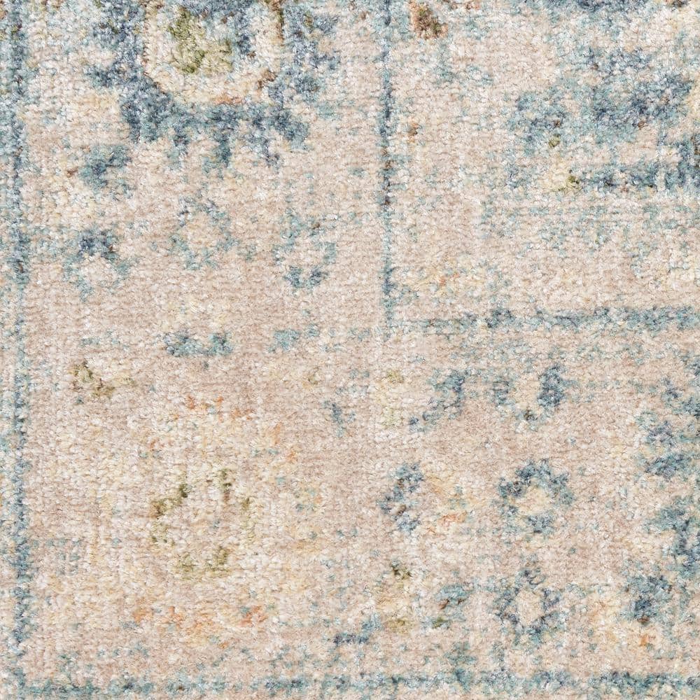 Teal Beige Floral Synthetic Washable Rectangular Area Rug 5' x 7'