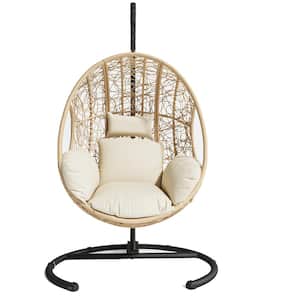 1-Person Black Metal Outdoor Patio Swing Egg Chair Natural Wicker with Beige Thick Cushion