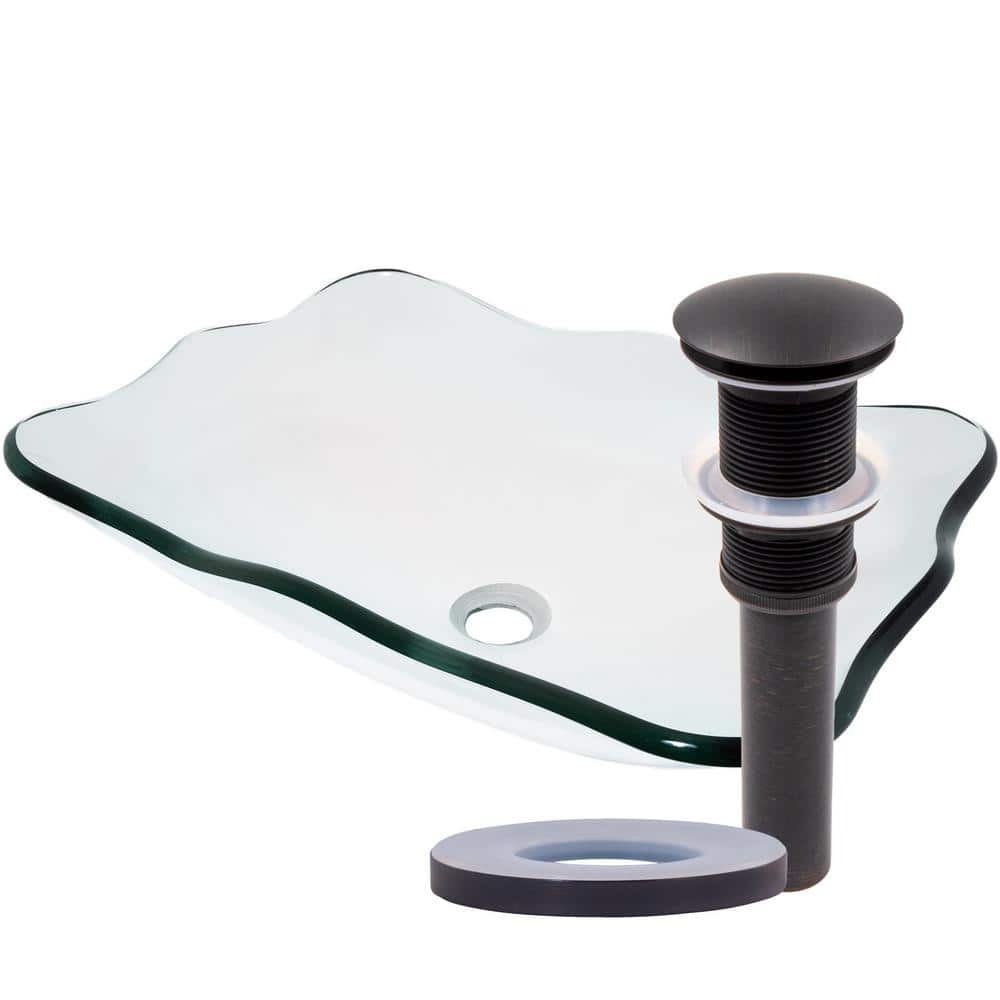 Elegante Clear Glass Rectangular Vessel Sink with Oil Rubbed Bronze Drain