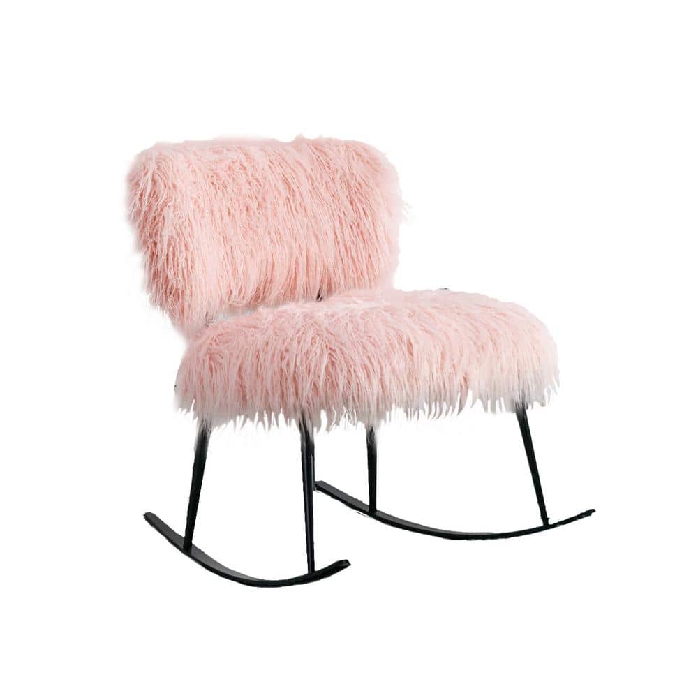 Pink Faux Fur Plush Nursery Rocking Chair, Baby Nursing Chair with Metal Rocker, Fluffy Upholstered Glider Chair