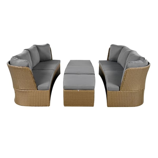 Unbranded 5 Pieces Wicker Patio Conversation Set Furniture Sofa Set with Ottomans Gray Cushions and Coffee Table for Garden