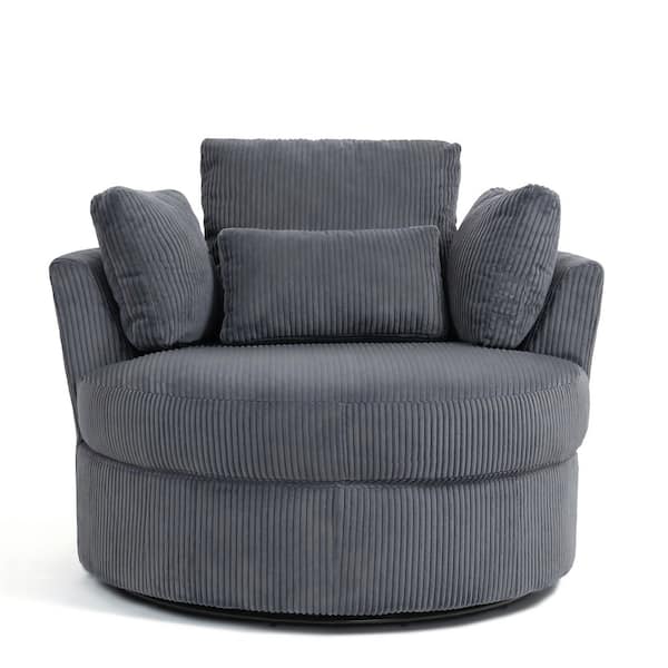 Gray Corduroy Fabric Upholstered 360° Swivel Accent Barrel Chair with Pillows (Set of 1)