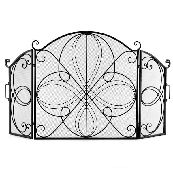 59.5 in. x 32.5 in. Black 3-Panel Fireplace Screen w/Floral Pattern Folding Spark Guard