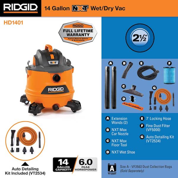 14 Gal. 6.0 Peak HP NXT Shop Vacuum Wet Dry Vac with Fine Dust Filter, Hose, Accessories and Car Cleaning Kit HD1401