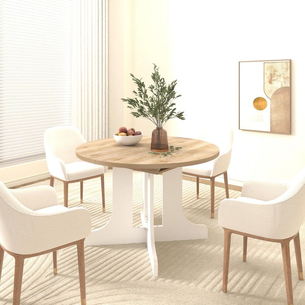 Udolf 43 in to 59 in. Round Deep Light Brown Wood Trestle Extendable Dining Table Seats 6