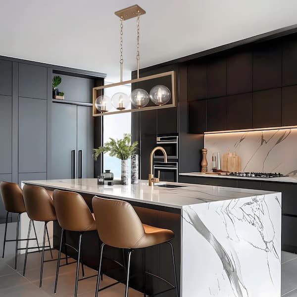 Modern Gold Kitchen Island Chandelier, 30 in. 4-Light Farmhouse Brass Globe Dining Living Room Chandelier Pendant Light