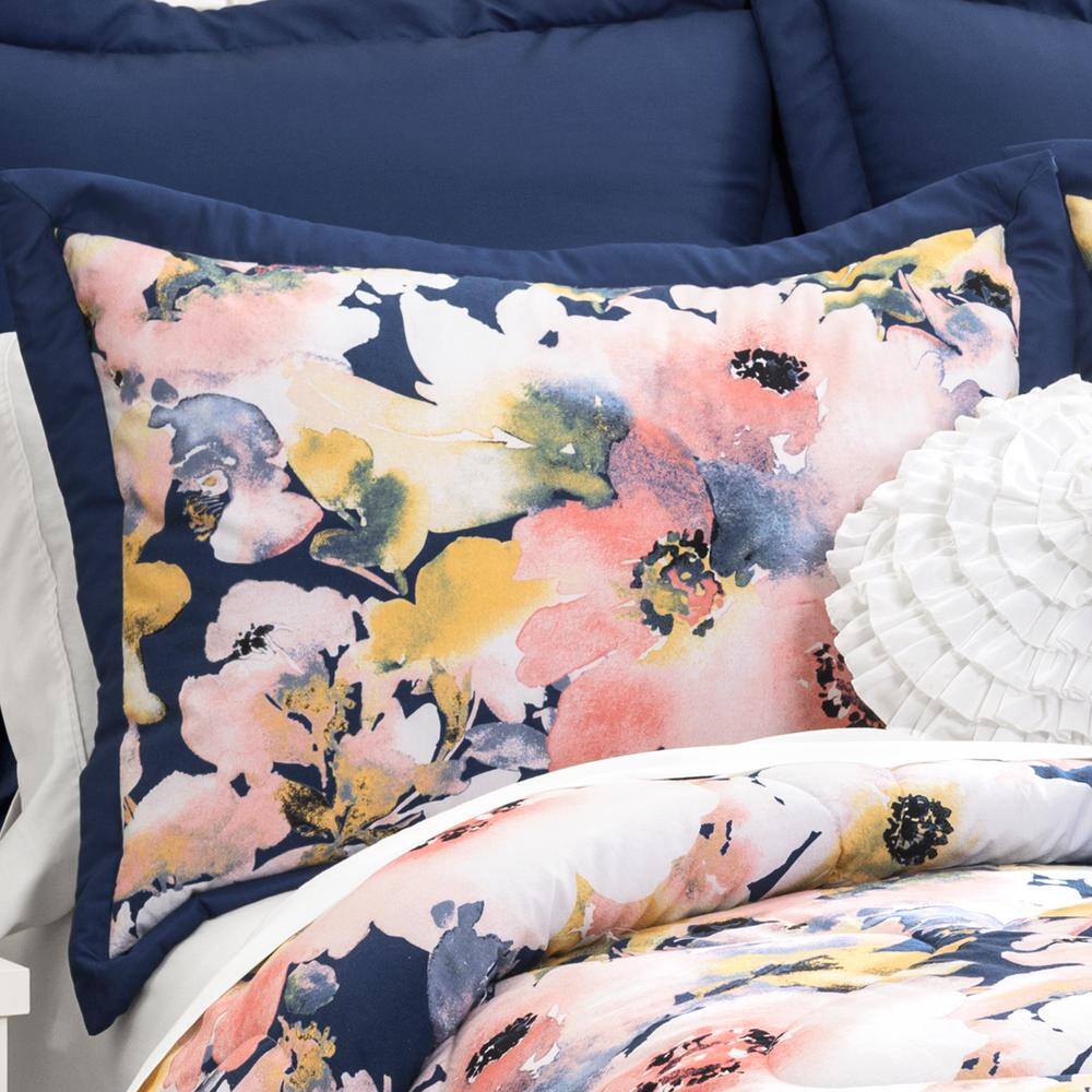 King Blue Floral Watercolor Cotton Reversible Comforter Set