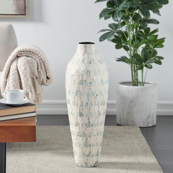 Litton Lane 28 in. White Handmade Mosaic Inspired Mother of Pearl Shell Decorative Vase with Pastel Blue and Pink Accents