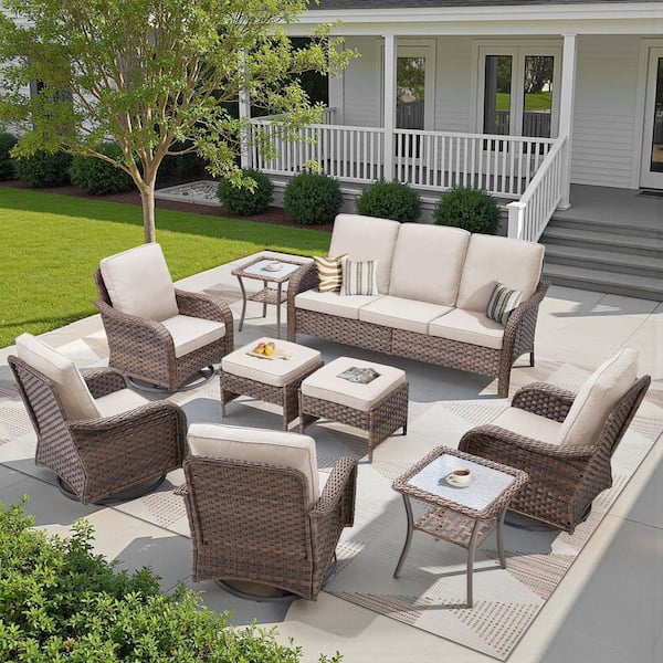 Rainf Brown 9-Piece Wicker Patio Conversation Set with Swivel Rockers, Outdoor Sofa Seating Set with Beige Cushions