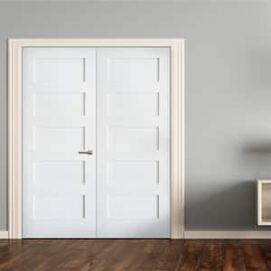 56 in. x 80 in. Craftsman Shaker 5-Panel Left Handed MDF Solid Core Primed Wood Double Prehung Interior French Door