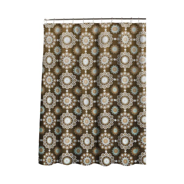 Creative Home Ideas Oxford Weave Textured 70 in. W x 72 in. L Shower Curtain with Metal Roller Rings in Morrocan Tile Chocolate