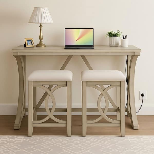 3-Piece Farmhouse Cream Wood Top Dining Room Set ((Seats-2))