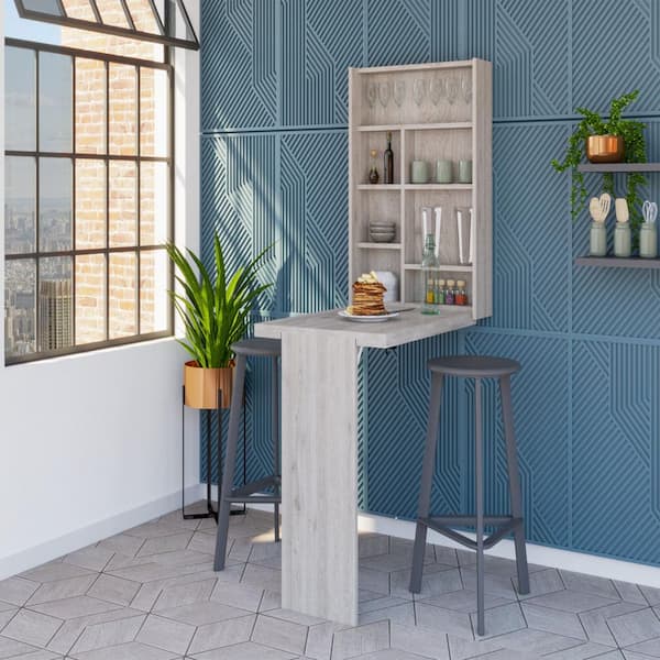23.7 in. Gray Wall Mounted Drop Leaf Desk with Storage Shelves, Fold Down Floating Table for Apartment Small Spaces