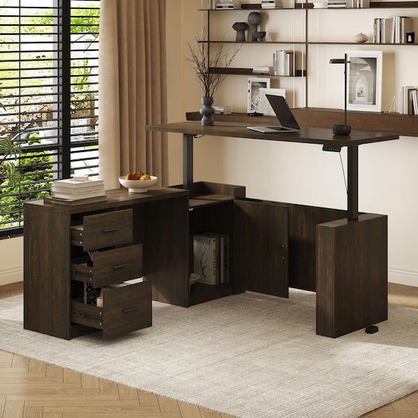 63 in. L-Shaped Brown Wood Grain Electric Adjustable Height Computer Desk with 3-Drawers, Memory Settings and Cabinet