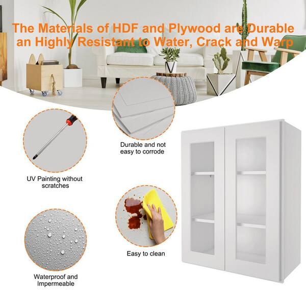 HOMEIBRO 30-in W X 12-in D X 36-in H in Shaker Dove Plywood Ready to Assemble Wall Glass kitchen Cabinet