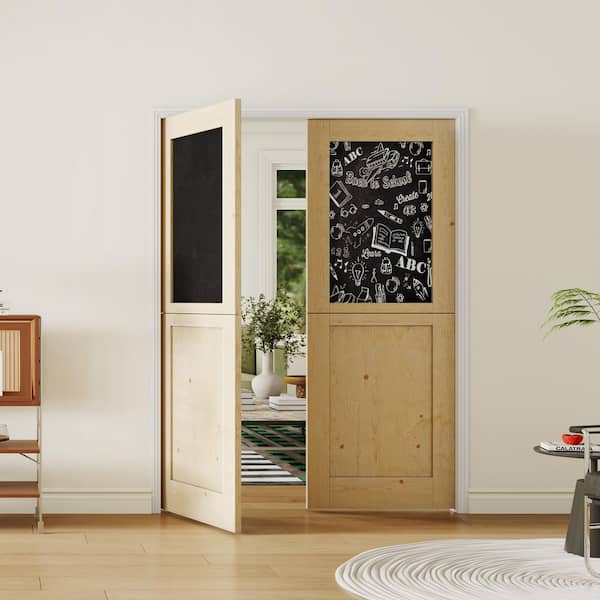 TENONER 60 in. x 80 in. Light Brown, Natural Textured Wood Primed Interior Dutch Door, Half Chalkboard Split Door Slab