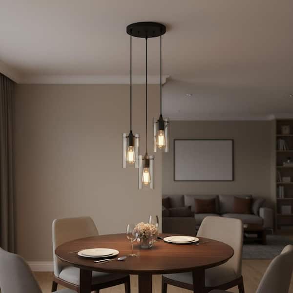 10 in. 3-Light Matte Black Cluster Pendant Light, Large Clear Glass Hanging Light for Dining Table or Kitchen Island