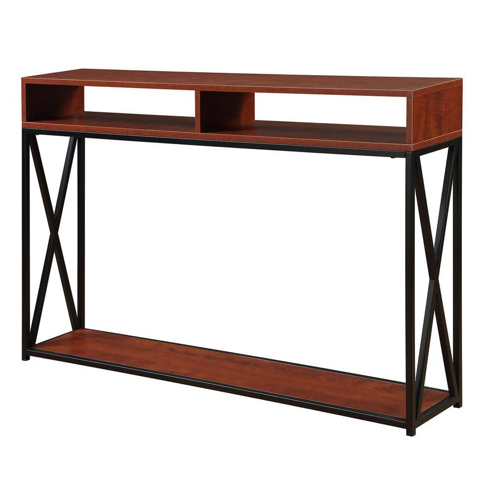 Cherry and Black Deluxe Metal and Wood Console Table with Storage