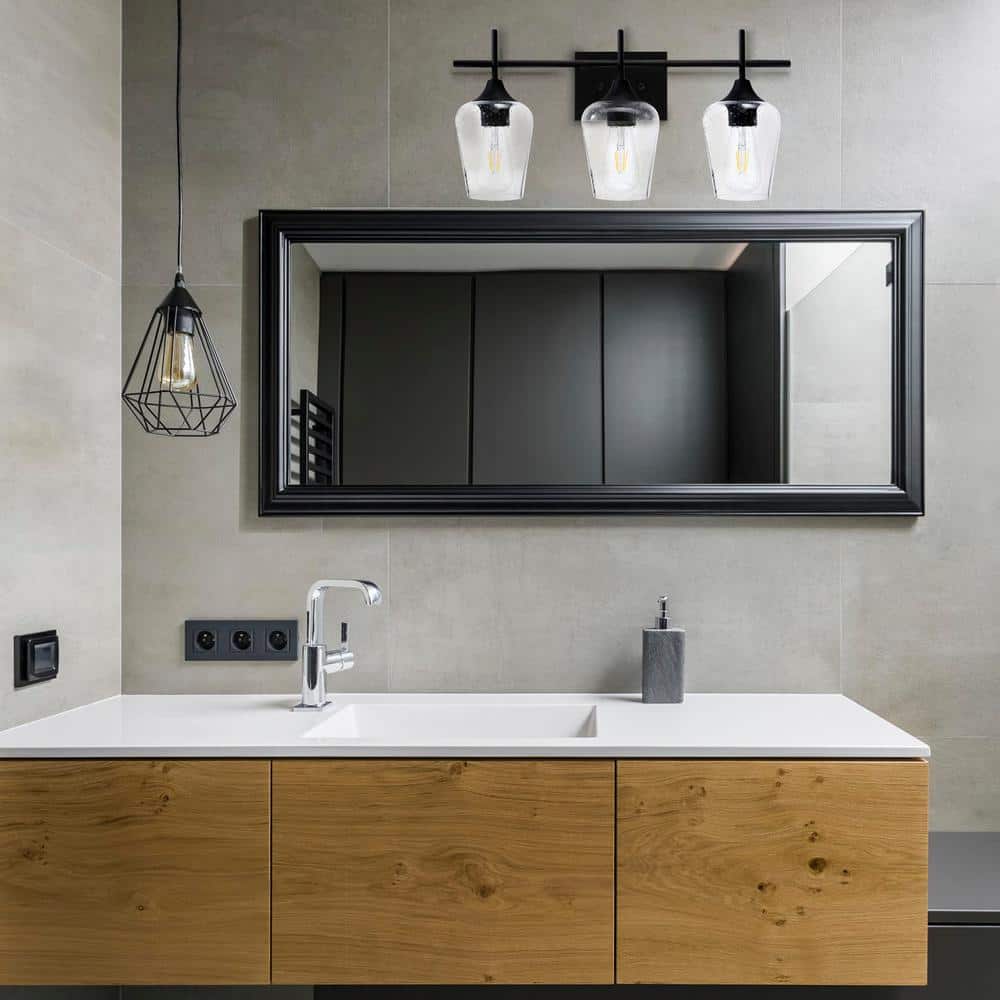 Matte Black 3-Light Vanity with Clear Seeded Glass Shades