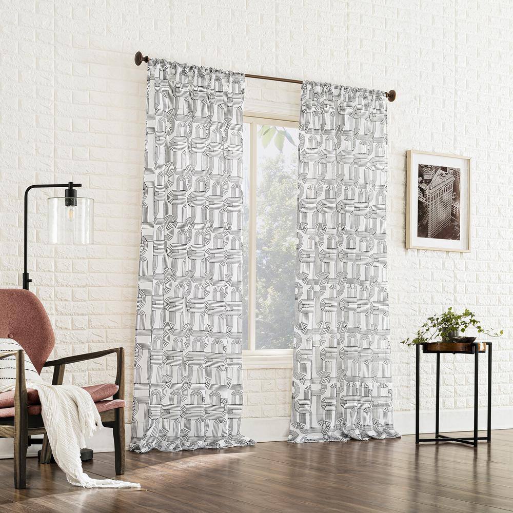 Black and White Sheer Embroidered Rod Pocket Curtain Panel, 50" x 84"