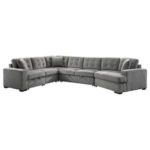 Delara 149 in. Straight Arm 4-piece Chenille Sectional Sofa in Gray Pull-out Bed and Pull-out Ottoman