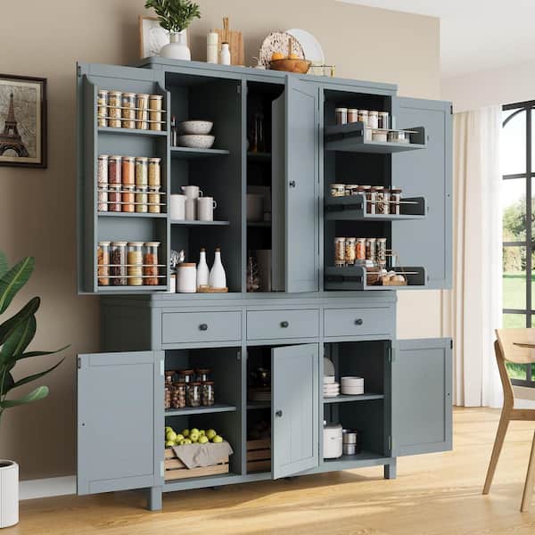 Idun Gray Wood 74.8 in. H Freestanding Kitchen Pantry Cabinet with Adjustable Shelves and 3-Drawers