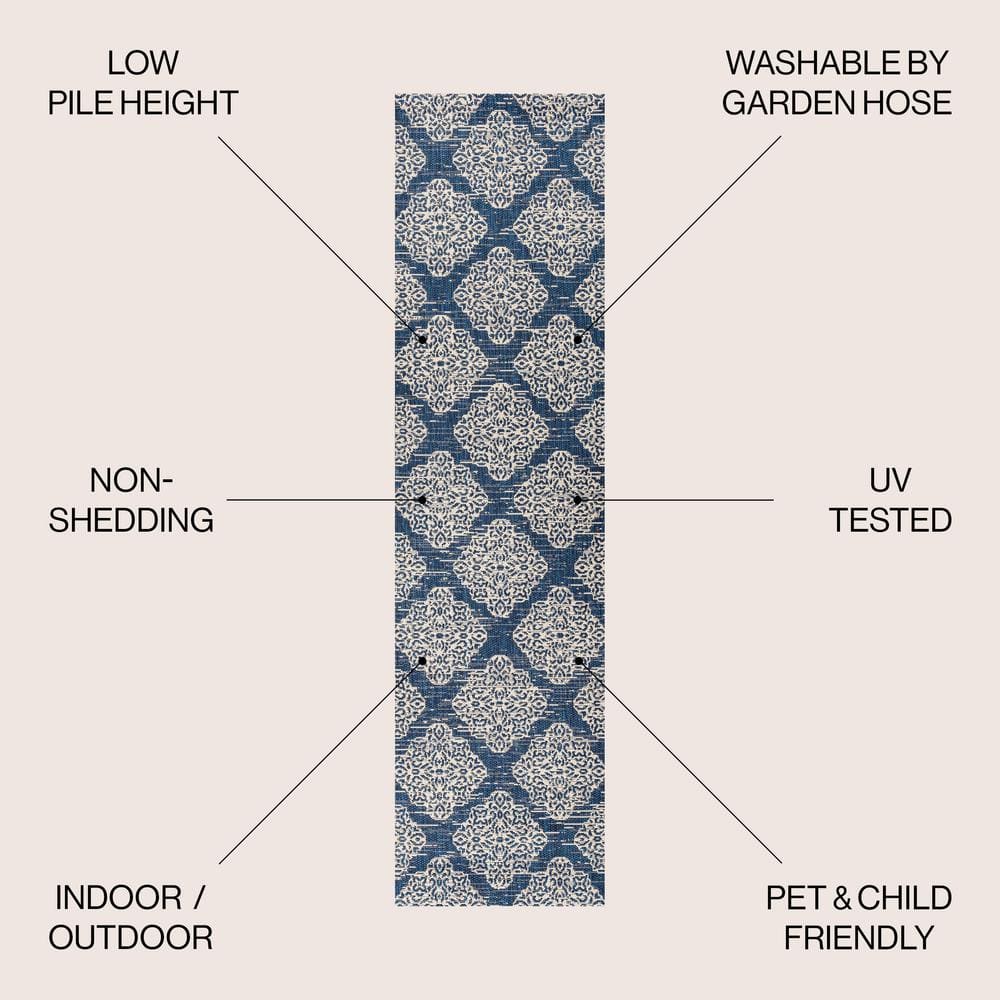 Navy and Beige Medallion Flat Woven Runner Rug