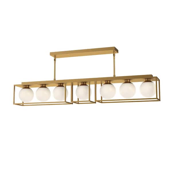 Amelia 48 in. 7 Light 60-Watt Aged Gold/Opal Matte Glass Pendant Light