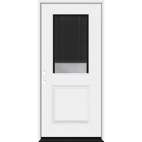 Steves & Sons Legacy 30 in. x 80 in. 1/2 Lite Clear Glass Noir Miniblind RHIS White Finish Fiberglass Prehung Door w/4-9/16 in. Jamb