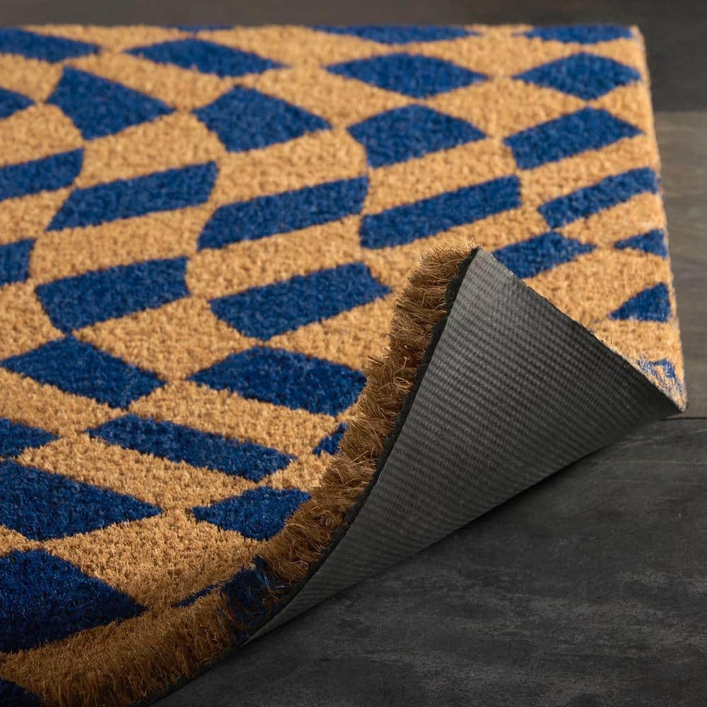 Blue and Natural Coir Checkerboard Outdoor Door Mat, 24" x 36"