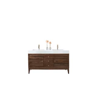 Linear 59 in. W x 19.5 in.D x 34.3 in.H Double Bath Vanity in Mid Century Walnut with Top in Glossy White