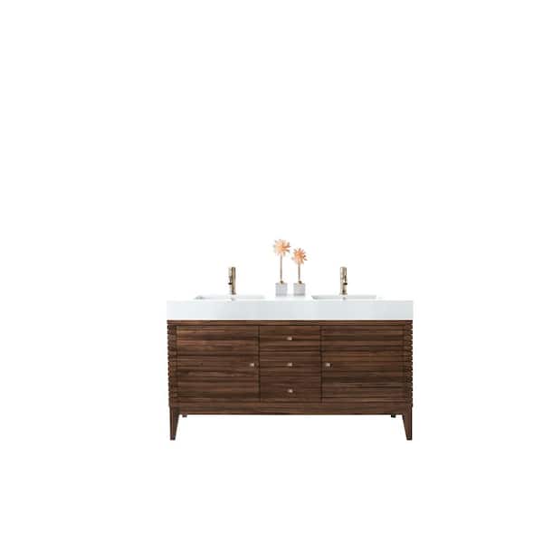 James Martin Vanities Linear 59 in. W x 19.5 in.D x 34.3 in.H Double Bath Vanity in Mid Century Walnut with Top in Glossy White