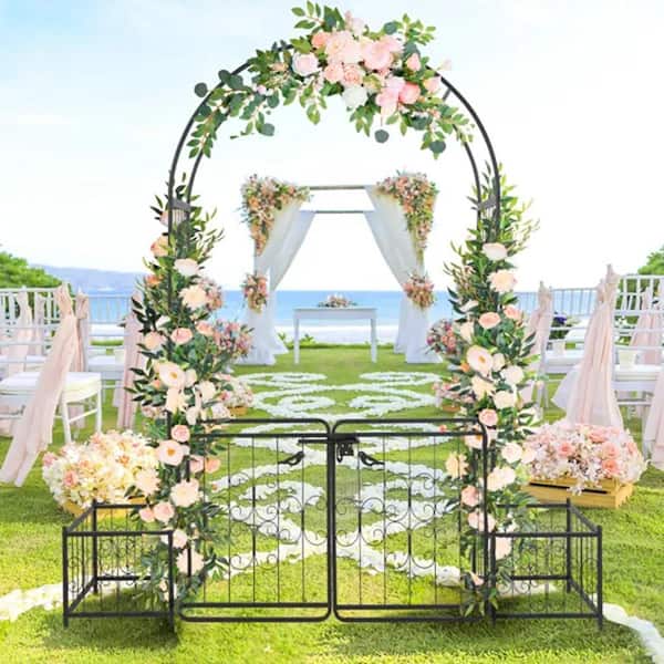 AOPSPS 86.2 in. x 78 in. Iron Arbor Art Arc Top Iron Arch in Black