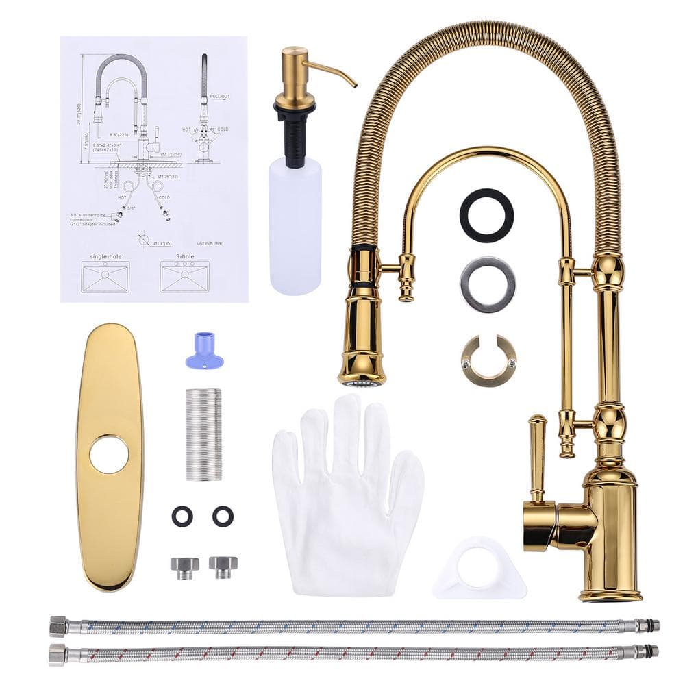 Brushed Gold Single Handle Pull Down Kitchen Faucet with Soap Dispenser