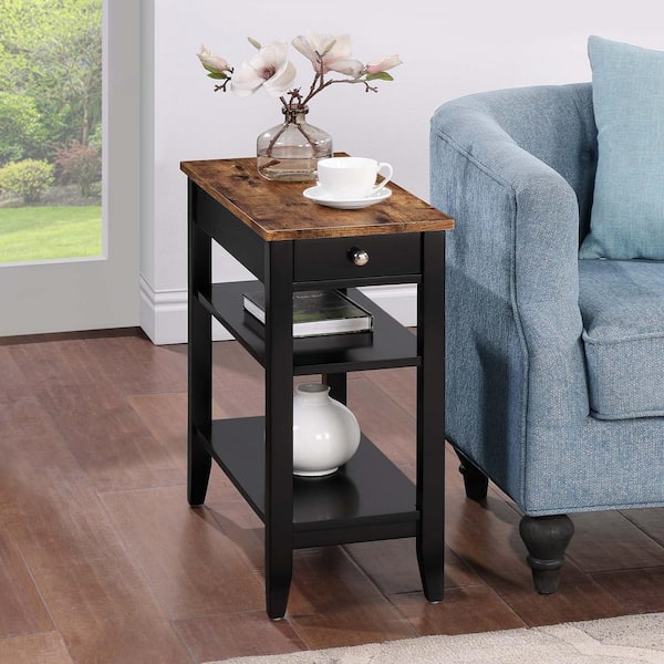 Convenience Concepts American Heritage 23.5 in. Barnwood/Black Birch Veneer Rectangle MDF End Table with 1 Drawer and Shelves