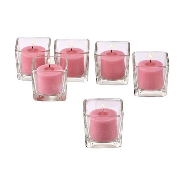 Light In The Dark Clear Glass Square Votive Candle Holders with Soft Pink Votive Candles (Set of 12)