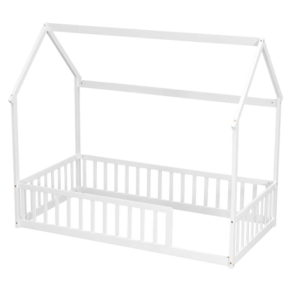 White Pine Wood Twin House Floor Bed Frame with Roof & Safety Guardrails durable construction price history on PriceWatchPro