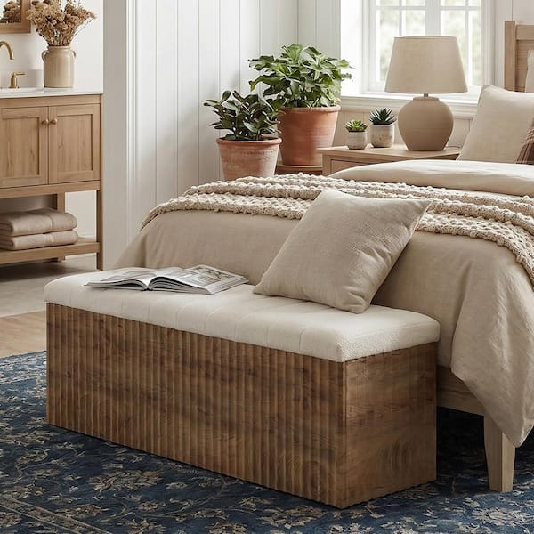 63 in. White and Brown End of Bed Storage Bench, Modern Upholstered Bench for Bedroom, Entryway