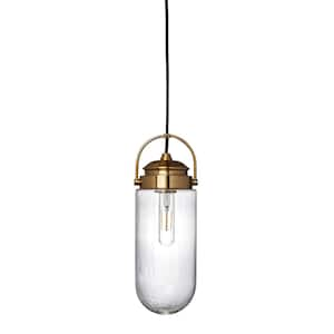 Shiloh 1-Light Industrial Metal and Glass Ceiling Light, Brushed Brass