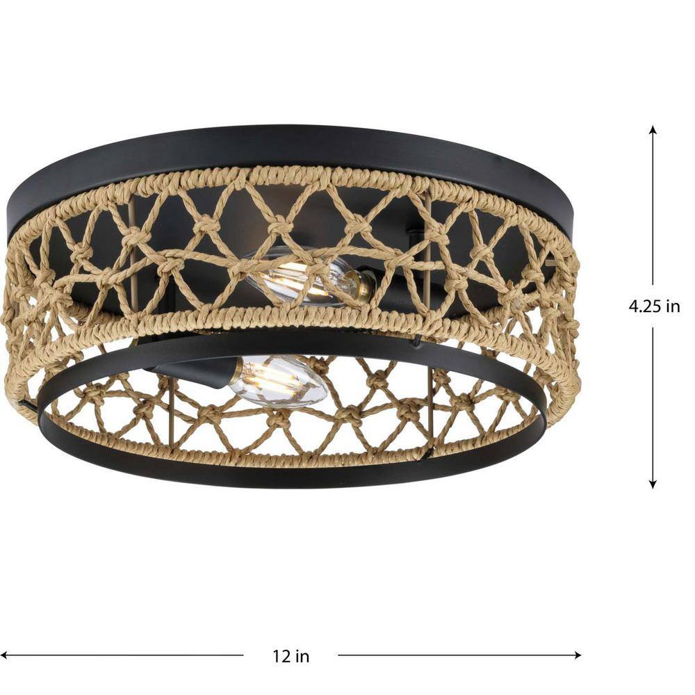 Chandra Matte Black Handwoven 2-Light Flush Mount