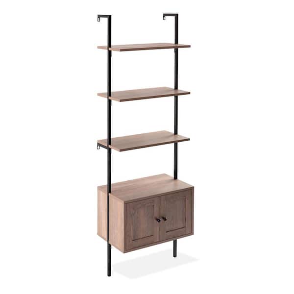 Tulare 72.05 in. Tall Mid Century 4-Shelf Wood Wall-Mounted Open Ladder Bookcase with Cabinet & Metal Frame Brown/Black
