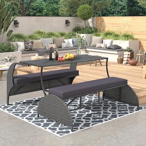 1-Piece Wicker Patio Conversation Set with Gray Cushions, Outdoor Garden Loveseat and Convertible to 4-Seats and Table