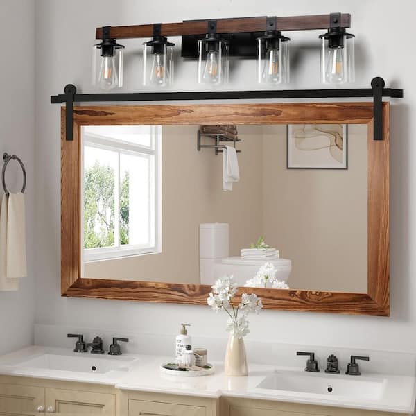 35 in. 5-Light Rustic Retro Brown Vanity Light with Clear Glass Shade