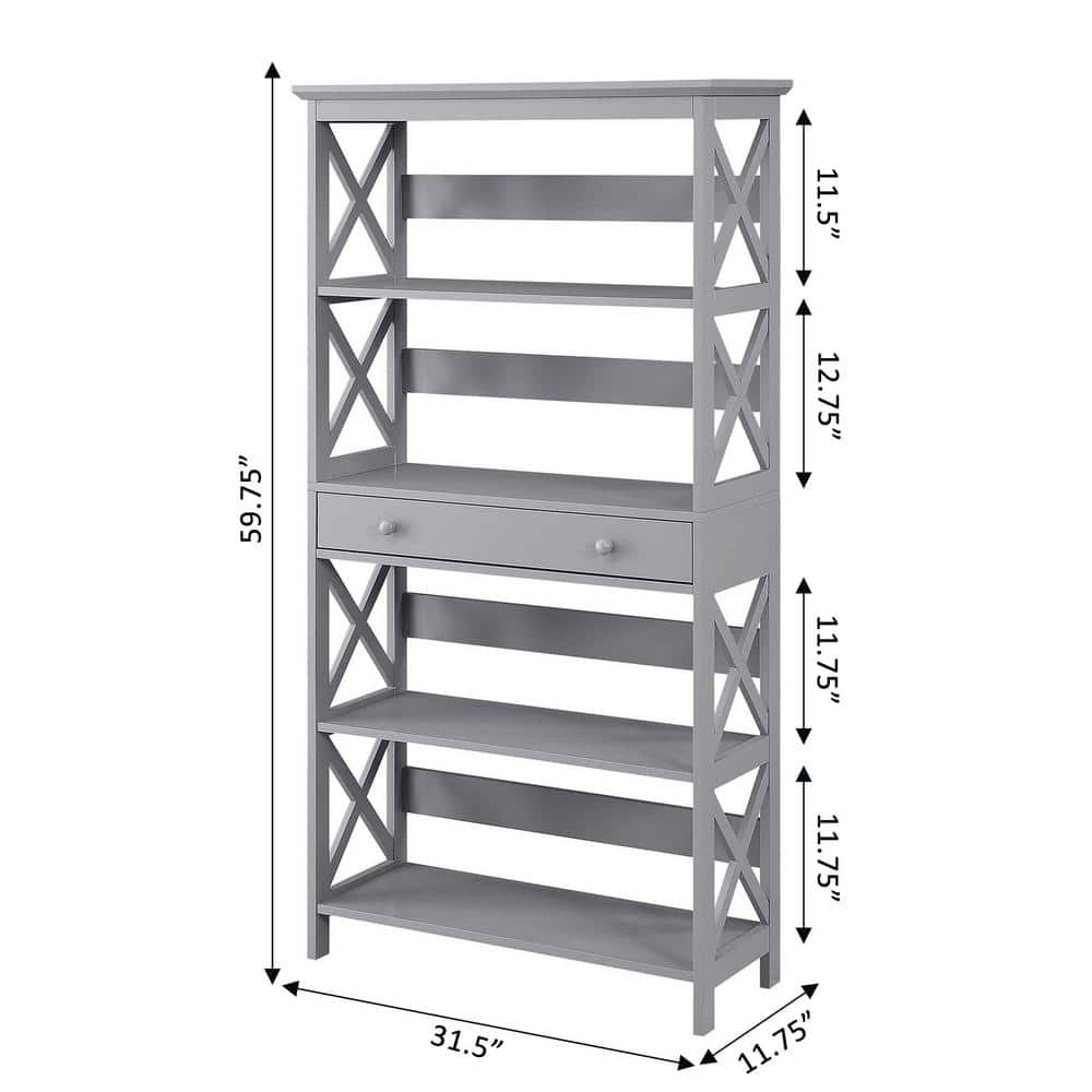 Gray Wood 5-Tier Bookcase with Drawer