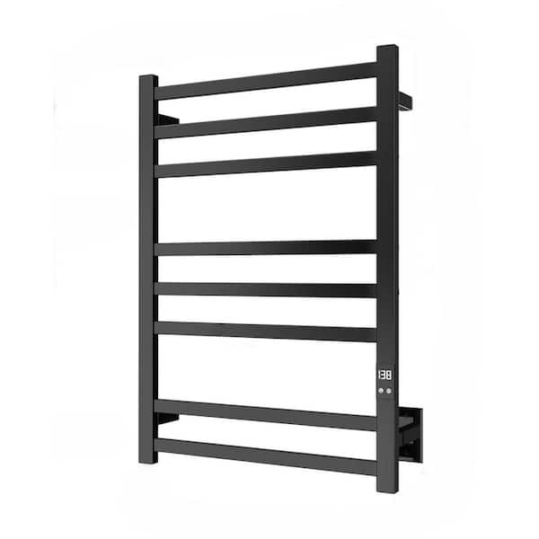 Matte Black 8-Bar Towel Warmer Fast Heating Auto Shut-Off Timer Hardwired or Plug-in Bathroom Accessory