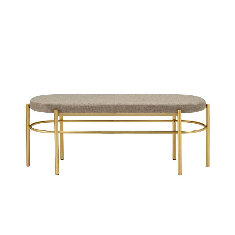 Taupe Upholstered Oval Entry Bench with Gold Frame, 48 Inch
