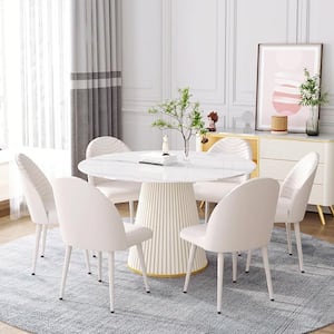 53.15 in. White Circular Rotable Sintered Stone Tabletop White Pedestal Base Kitchen Dining Table (Seats-6)