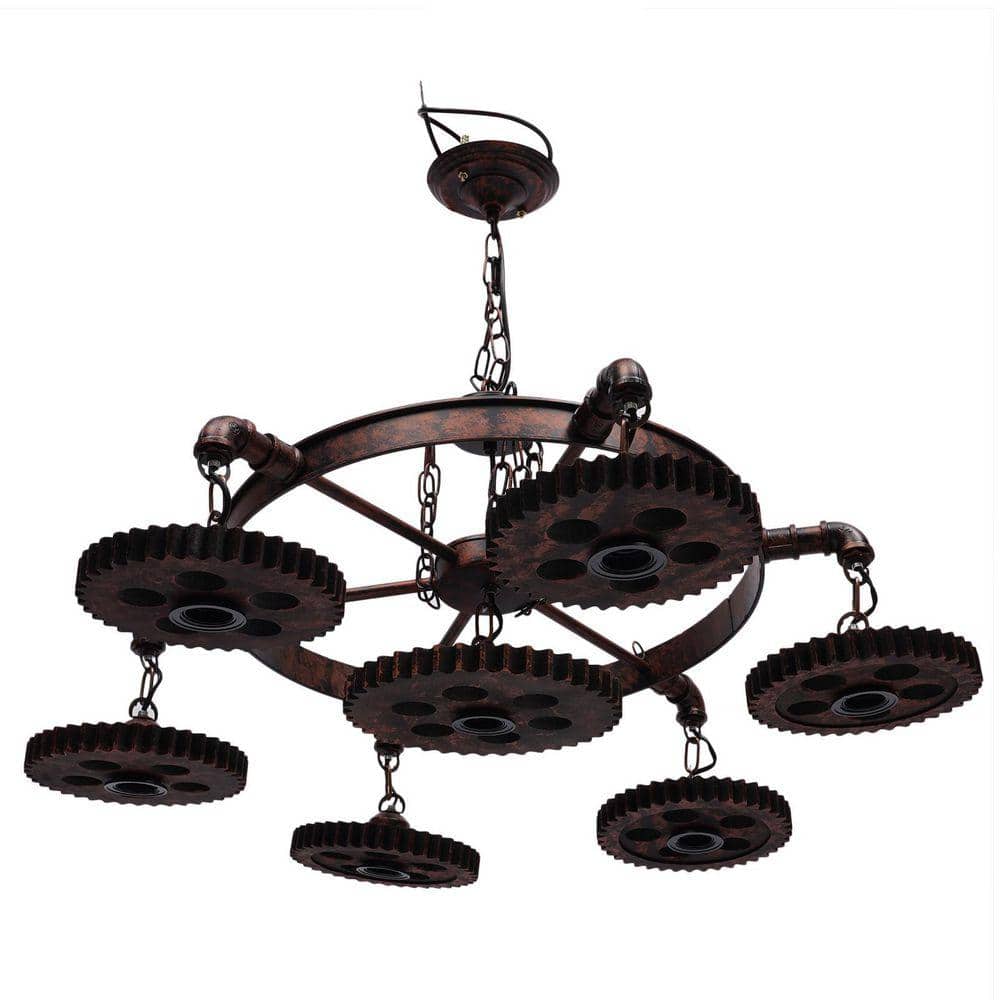 OUKANING 7-Light Rust Color Retro Gear-Shaped Pendant Light with