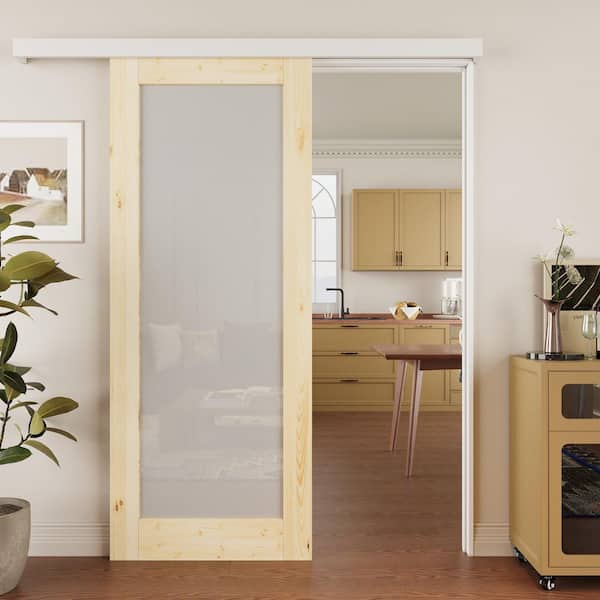 ARK DESIGN 32 in. x 80 in. Hidden Track Style 1-Lite Frosted Glass Unfinished Glass Sliding Barn Door with Hardware Kit