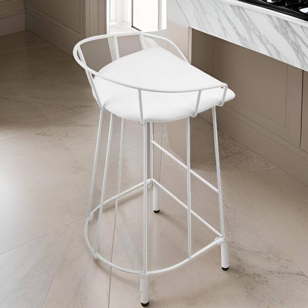 Benjara 26.5 in. White Low Back Metal Frame Bar Stool with Faux Leather Seat